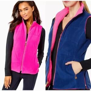 NWT Lilly Pulitzer S Fleece Brooklee Reversible Vest‎ Pink Navy Blue $178
